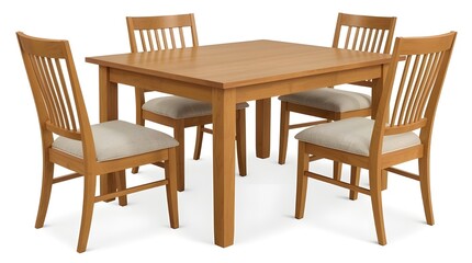 Fototapeta premium Dining table with four matching wooden chairs. The wood finish appears warm and medium-toned, giving a classic, cohesive look.