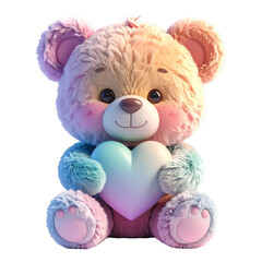Fluffy Rainbow Bear Holding Heart on Transparent Background