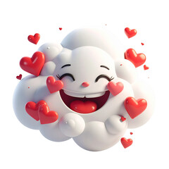 Smiling White Cartoon Cloud Surrounded by Red Hearts on Transparent