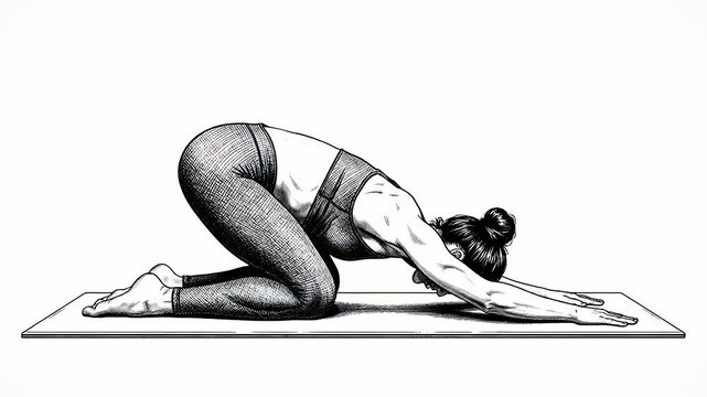 Detailed black and white illustration depicts a dedicated yoga practitioner executing the calming child's pose variation known as extended puppy stretch or uttana shishosana on a mat.