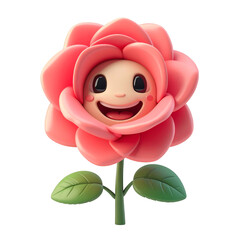 Cartoon Pink Rose Flower with Smiling Face on Transparent Background