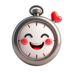 Smiling Silver Pocket Watch with Red Heart on Transparent Background