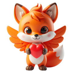 Adorable Cartoon Fox Holding Red Heart with Small Wings on transparent background