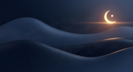 Crescent moon rising above tranquil desert silhouette with faint stars and gentle glow.