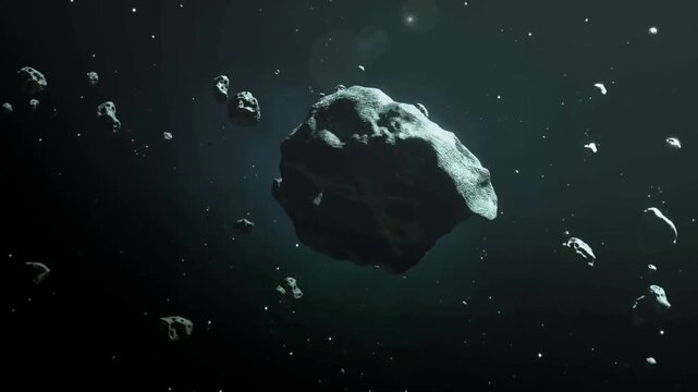 Dangerous asteroid field featuring a huge rocky meteorite floating in outer space.