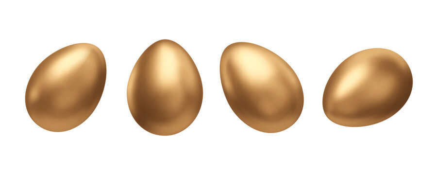 Set of 3d golden eggs. Easter, treasure cartoon elements. Vector illustration.