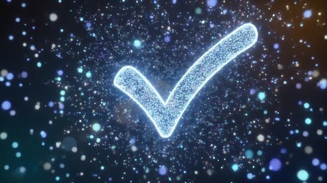 Glowing Digital Checkmark Symbol Forming from Shimmering Airy Particles