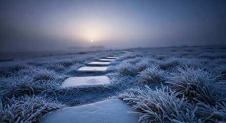 Frosty grassland pathway at sunrise