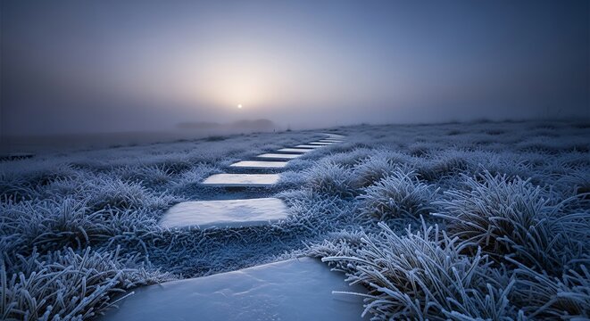 Frosty grassland pathway at sunrise - Powered by Adobe