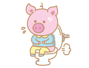 Fototapeta premium Cute Cartoon Pig Sitting on the Toilet with Constipation Expression