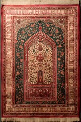 Prayer mat background showcasing the intricate textile pattern, rich colors, and directional niche (Mihrab) motif used for Islamic prayer