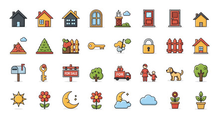 Obraz premium Modern Flat Design Garden and Backyard Icon Collection: Home Exterior and Gardening Tool Illustrations
