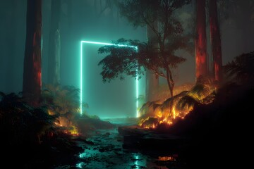 Leuchtendes Neonportal im mystischen Wald bei Nacht 