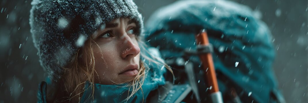 Nachdenkliche junge Frau im Schneefall mit warmer Winterkleidung
