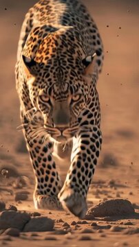 Close up sequence of a leopard walking and running in natural habitat.