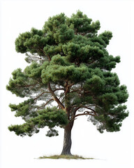 Fototapeta premium AI-generated image - A large, mature pine tree with a dense, conical green canopy and a sturdy, textured brown trunk, perfectly isolated on a clean white background.