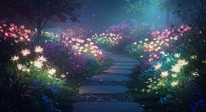 Chemin sinueux dans un jardin enchant� avec des fleurs lumineuses brillantes sous une douce lumi�re magique nocturne. AI Generated