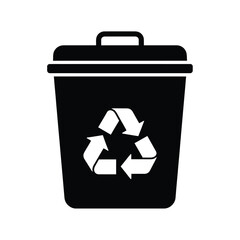 Black silhouette of a waste bin featuring the universal recycling symbol