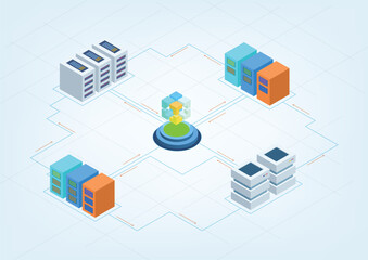 Isometric Data Center Architecture with Server Racks and Central Cloud Hub Connection
