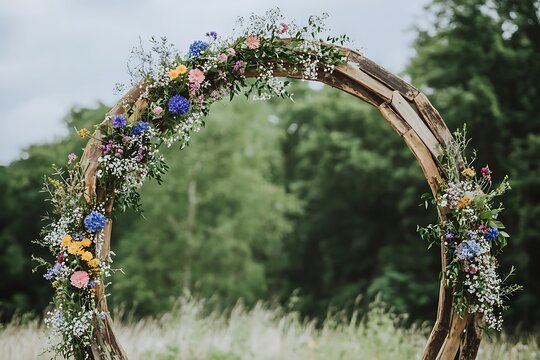 A rustic circular wedding arch made with reclaimed barn wood and adorned with wildflowers in various hues, embracing a country aesthetic,