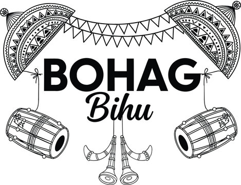 Bohag Bihu festival greeting card design with traditional Assamese dhol drum jaapi hat and pepa horn instruments