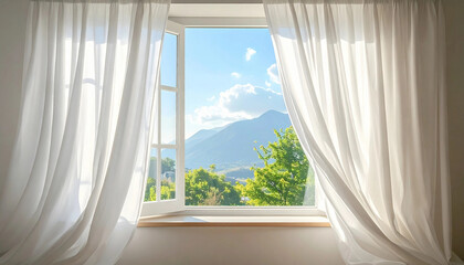 Open window with white curtains blowing in wind and mountain view © Enola Craft