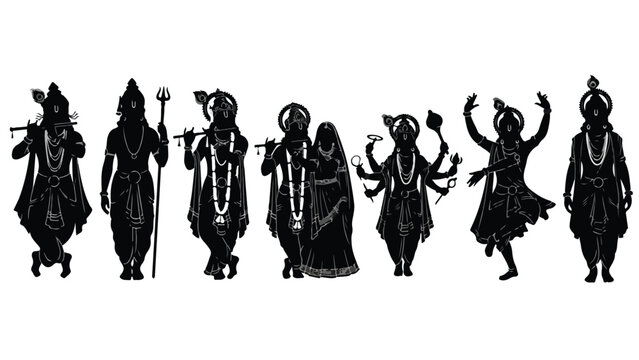 Set of 8 Black Hindu Gods and Goddesses Silhouettes Vector Illustration