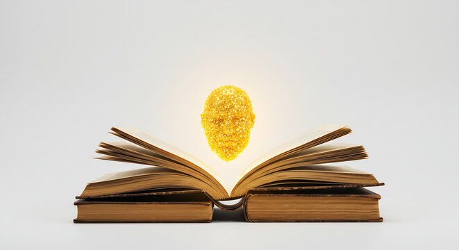 Une id�e brillante et dor�e �merge magiquement d'un vieux livre ouvert diffusant une lumi�re chaude et captivante.. AI Generated