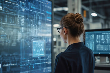 Woman engineer controlling automated machinery, reviewing system efficiency on nearby screen