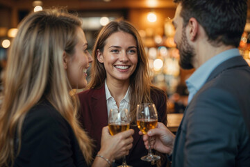Three people are smiling and holding glasses of wine. They are all dressed up and seem to be enjoying each other's company