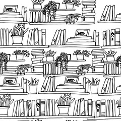 Black and white seamless pattern with books, plants in hand drawn style.Repeating background for book tracker, planners, journals, education projects © veri13