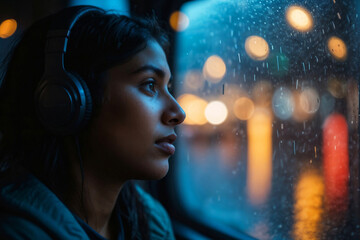 Pensive woman wearing headphones is looking out the window of a bus. The scene is set in a city at night, with lights and reflections visible through the window. The woman is lost in thought