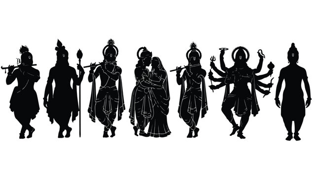 Set of 8 Hindu God Silhouettes Vector Illustration