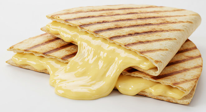 Quesadilla grill�e dor�e fromage jaune onctueux g�n�reusement fondu coulant marques parfaites sur fond blanc. AI Generated