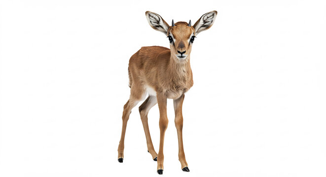 Adorable faon de gazelle aux grandes oreilles attentivement dresse sous un eclairage studio pur sur fond blanc immacule.. AI Generated