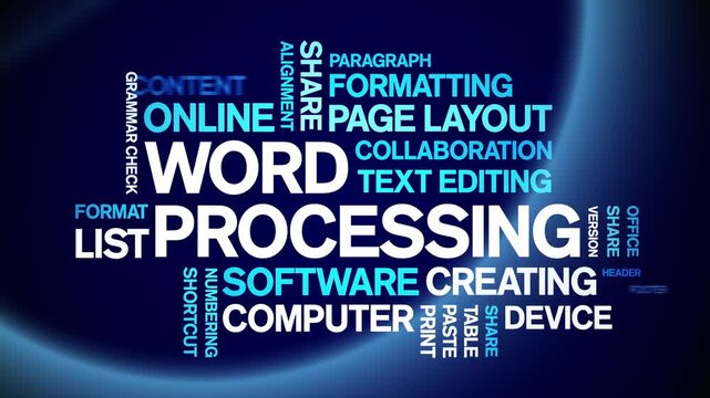 Word Processing animated word cloud-text design animation tag kinetic typography seamless loop.