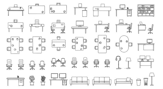 Office furniture vector icons from top view