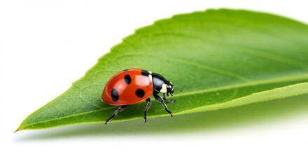 Fototapeta premium Coccinelle rouge vif pos�e d�licatement sur une feuille verte lumineuse isol�e sur fond blanc pur minimaliste. AI Generated