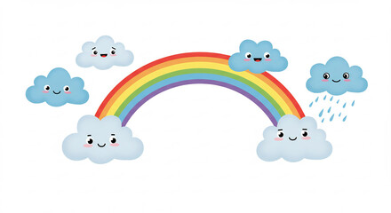 Naklejka premium Un arc-en-ciel �clatant enjambe de joyeux nuages souriants dessin anim� color� avec pluie fine. AI Generated