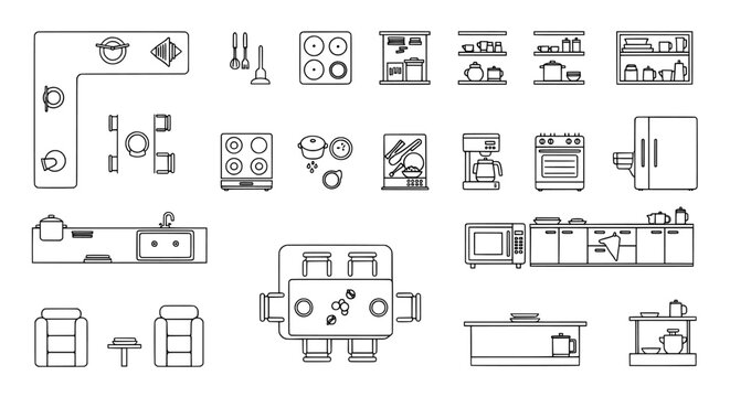 Kitchen equipment outline icons