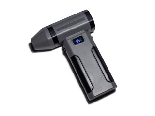 Portable mini jet fan with digital display, isolated on white background. Compact cordless electric air blower designed for cleaning electronics, keyboards, cameras, and hard-to-reach areas