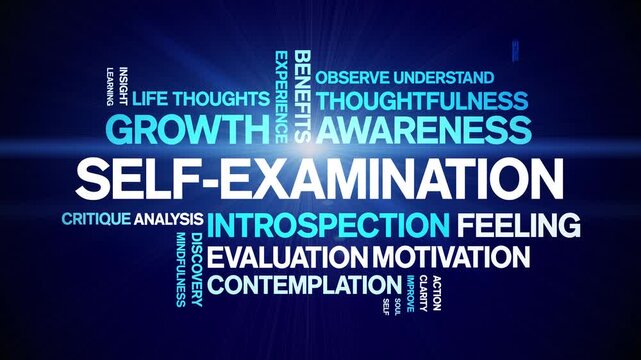 Self-Examination animated word cloud-text design animation tag kinetic typography seamless loop.