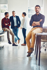 Team, portrait or man in agency with arms crossed, profession or experience as publication...