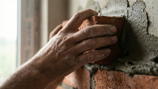Close up of professional mason hands placing a red clay brick into wet mortar on a construction site, building a brick wall with traditional masonry techniques and manual labor.