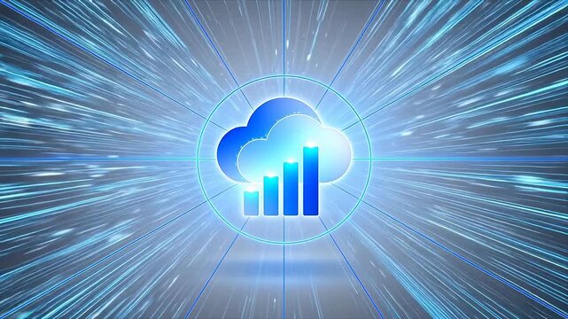 Digital cloud icon with bar graph on a radiant blue background

