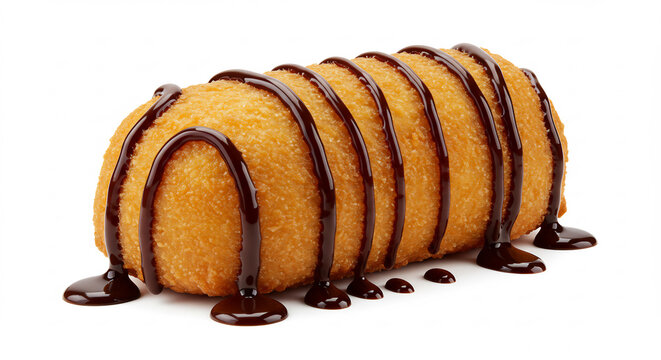 Beignet dor� croustillant g�n�reusement napp� de riche chocolat noir isol� sous une lumi�re studio �clatante. AI Generated