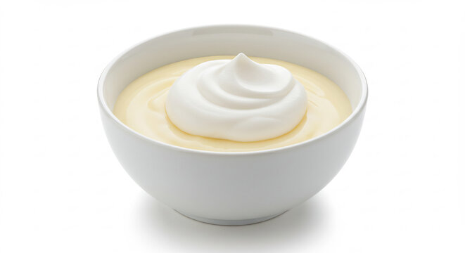 Cr�me dessert vanille onctueuse et sa cr�me fouett�e a�rienne dans un bol blanc �clatant �clair� doucement. AI Generated