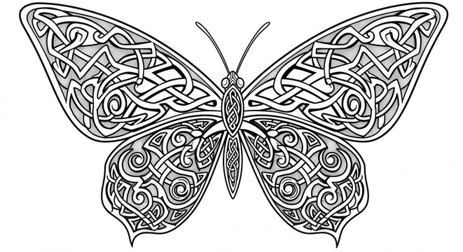 Papillon celtique orn� de motifs complexes illustration monochrome �l�gante symbole de transformation et libert�. AI Generated