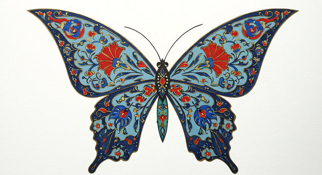 Papillon d�coratif orn� de motifs floraux bleus et rouges style oriental sur fond blanc illustration �clatante. AI Generated