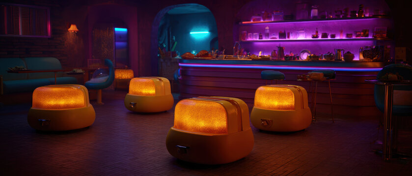 Retro futuristic neon lounge bar glow orange moody interior night scene with soft ambient light, cozy seating, glowing pod ottoman, sleek counter, purple hue, playful vibe, inviting escape